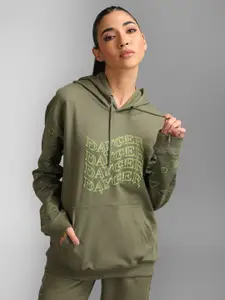 KZ07 By Kazo Women Olive Green Printed Hooded Cotton Sweatshirt