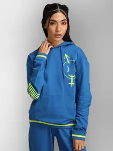 KZ07 By Kazo Women Blue Printed Hooded Cotton Sweatshirt