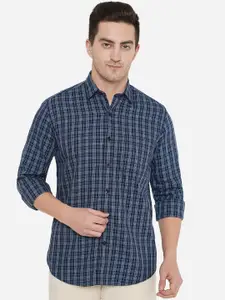 Greenfibre Men Navy Blue & White Checked Pure Cotton Casual Shirt