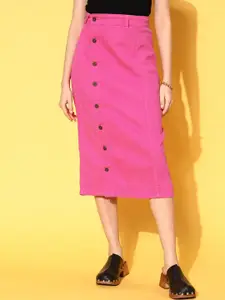 SASSAFRAS Women Pink Solid  Denim Midi Pencil Skirt