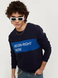 max Men Navy Blue Printed Hooded Pullover Cotton Sweatshirt
