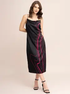 FableStreet Black Satin A-Line Midi Dress