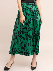 FableStreet Women Green & Black Floral Printed A-Line Midi  Skirt