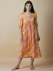 GULAB CHAND TRENDS Yellow Floral Ethnic Cotton  A-Line Midi Ethnic Dresses