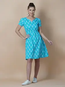 GULAB CHAND TRENDS Blue Cotton Floral Dress
