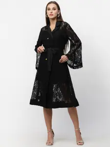 BLANC9 Black Floral Notch Collar Lace Dress
