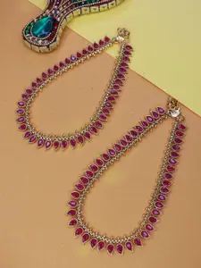 I Jewels Set of 2 Gold-Toned & Pink Kundan-Studded Gold-Plated Anklets