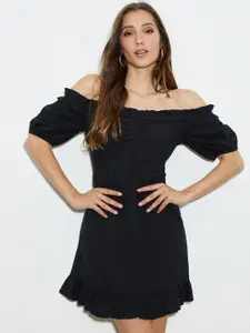 DOROTHY PERKINS Black Solid Off-Shoulder A-Line Pure Cotton Mini Dress