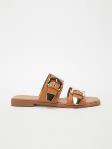 DOROTHY PERKINS Principles Women Tan Brown Open Toe Flats with Buckle Detail