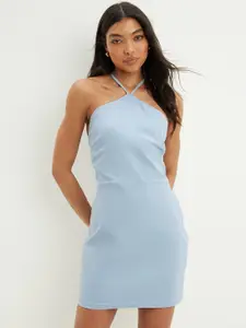 DOROTHY PERKINS Blue Solid Halter Neck Sheath Mini Dress