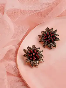 SOHI Gold-Toned & Red Floral Studs Earrings