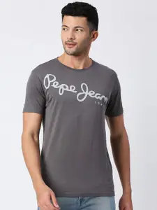 Pepe Jeans Men Grey Cotton Typography Printed T-shirt