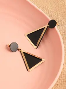 SOHI Women Gold Plated Black & Gold-Toned Triangular Drop Earrings