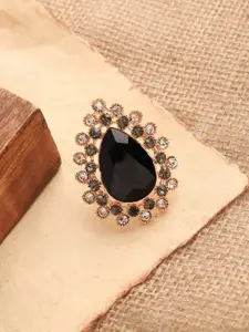 SOHI Gold-Plated & Black Stone-Studded Designer Finger Ring
