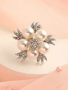 SOHI Silver-Plated & White Stone-Studded & Pearl Beaded Adjustable Finger Rings