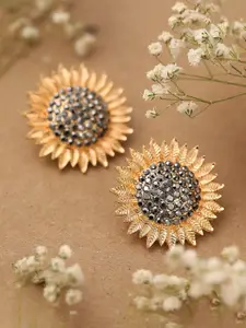SOHI Silver-Toned & Black Gold Plated Floral Studs Earrings