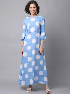 La Zoire Blue & White Polka Dots Printed Maxi Dress