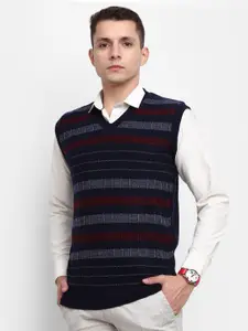 V-Mart Men Navy Blue & Maroon Striped Cotton Sweater Vest