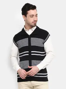 V-Mart Men Black & White Striped Cotton Cardigan Sweater