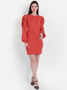 BROADSTAR Coral Self Design Bishop Sleeves Bodycon Dress
