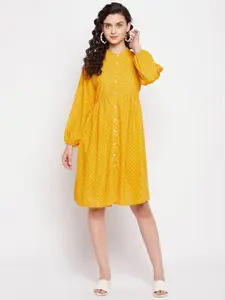 Ruhaans Yellow Ethnic A-Line Printed Dress