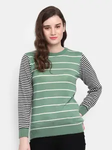 V-Mart Women Green Striped Acrylic Sweatshirt