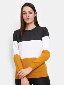 V-Mart Women Yellow & White Colourblocked Acrylic Sweatshirt