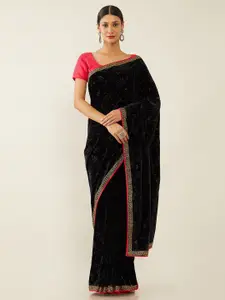Soch Black & Red Floral Beads and Stones Velvet Saree