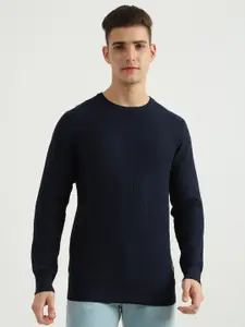 United Colors of Benetton Men Navy Blue Open Knit Cotton Pullover Sweater