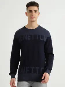 United Colors of Benetton Men Navy Blue & Grey Typography & Colourblocked Cotton Sweater