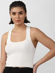 FOREVER 21 Women White Ribbed Crop Pullover