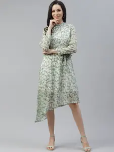 plusS Off White & Green Floral Print Asymmetric Fit & Flare Midi Dress