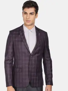 AD By Arvind Men Purple Checked Single-Breasted Tailored-Fit Formal Blazer