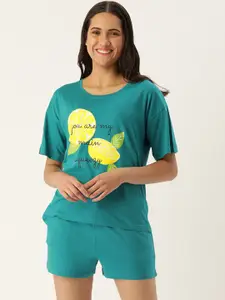 Slumber Jill Women Sea Green & Yellow Graphic Print Night Suit