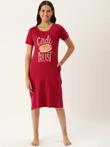 Slumber Jill Red & Cream-Coloured Printed Pure Cotton Nightdress
