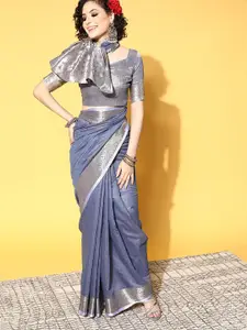 KALINI Blue & Gold-Toned Zari Linen Blend Banarasi Saree