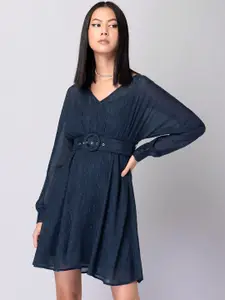 FabAlley Navy Blue Kimono Sleeves Belted Fit & Flare Dress