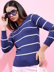 Tokyo Talkies Women Navy Blue & White Striped Striped Pullover