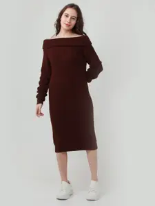 Zink London Brown Acrylic Off-Shoulder Ethnic Sheath Midi Dress