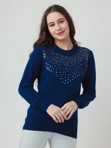 Zink London Women Blue Sequined Pullover Sweater