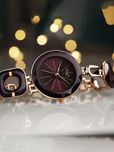 Titan Women Purple Brass Embellished Dial & Black Stainless Steel Bracelet Style Straps Analogue Watch 95198WM01