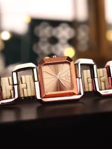 Titan Women Rose Gold-Toned Brass Embellished Dial & Gold Toned Stainless Steel Bracelet Style Straps Watch 95155KM01