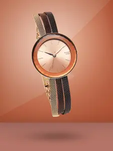 Titan Women Rose Gold-Toned Brass Dial & Brown Stainless Steel Bracelet Style Straps Analogue Watch 95153KM01