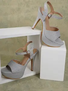 EVERLY Silver-Toned Textured Party Stiletto Peep Toes