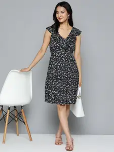 HERE&NOW Black & White Floral Crepe A-Line Dress