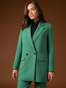 DeFacto Women Green Solid Double-Breasted Blazer