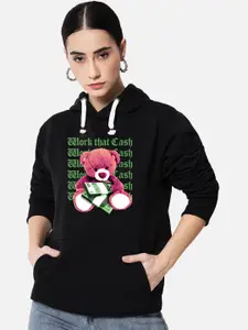 FFLIRTYGO Women Black Printed Hooded Fleece Sweatshirt