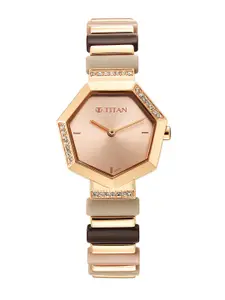 Titan Women Brass Dial & Gold Plated Bracelet Style Straps Analogue Watch