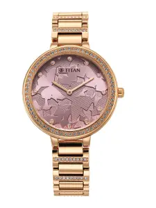 Titan Women Purple Brass Printed Dial & Gold Toned Wrap Around Straps Analogue Watch