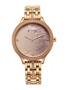 Titan Women Rose Gold-Toned Brass Embellished Dial & Gold Toned Wrap Around Straps Analogue Watch 95209WM01